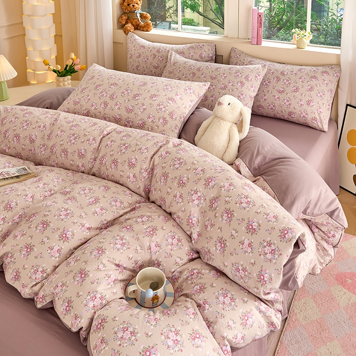 91家纺网 家纺一手货源 找家纺 卢赛尔 2026新款古法水洗仿棉云感棉学生三件套四件套 蔷薇-粉