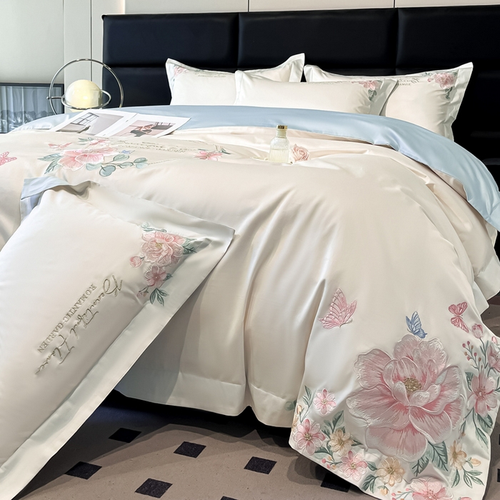 91家纺网 家纺一手货源 找家纺 （总）润锦云 2026新款A类亲肤棉精品刺绣四件套-山茶花系列