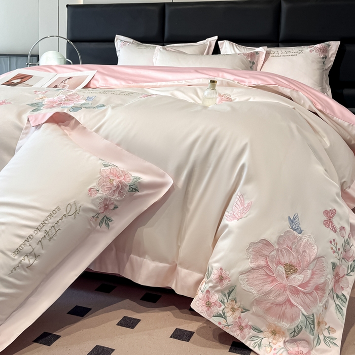 91家纺网 家纺一手货源 找家纺 （总）润锦云 2026新款A类亲肤棉精品刺绣四件套-山茶花系列