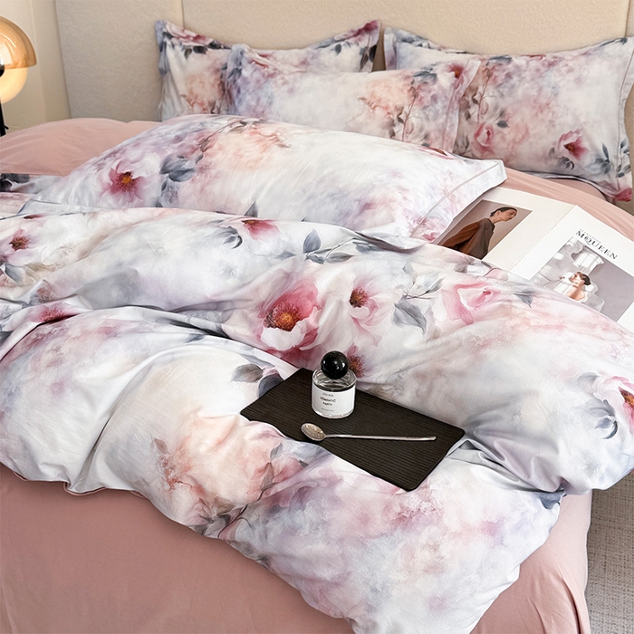 91家纺网 家纺一手货源 找家纺 润锦云 2026春夏新款全棉纯棉13372数码印花四件套 繁花里-粉