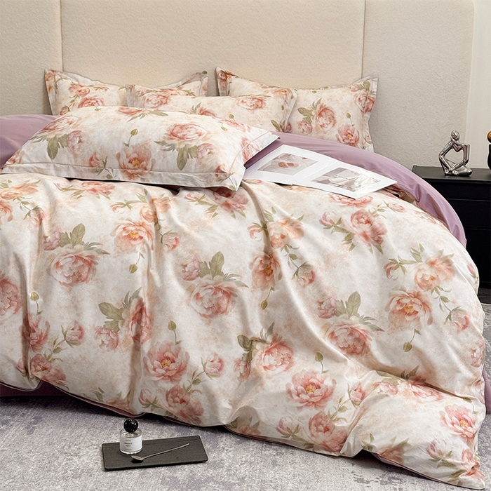 91家纺网 家纺一手货源 找家纺 润锦云 2026春夏新款全棉纯棉13372数码印花四件套 花情共舞-米