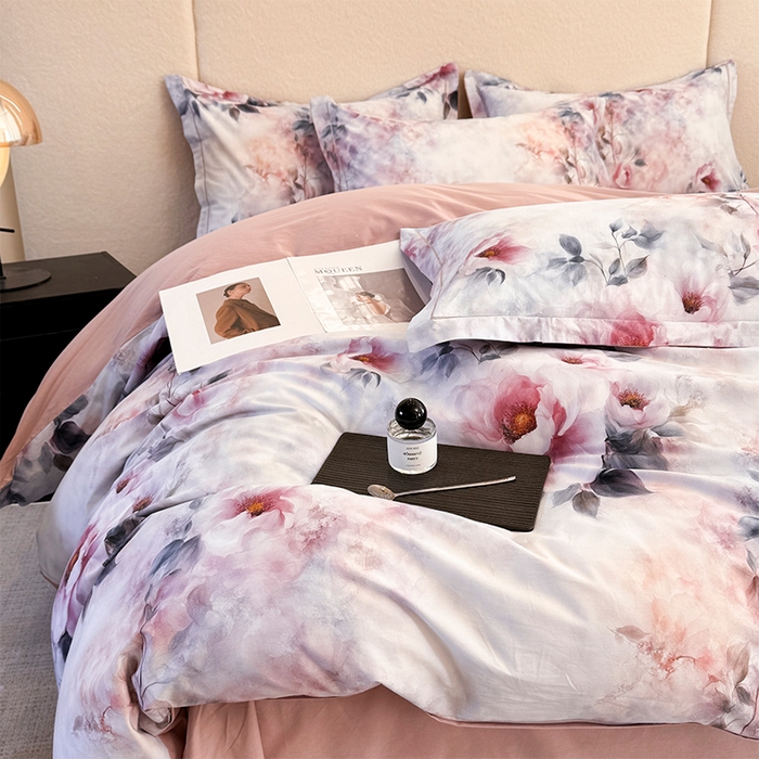 91家纺网 家纺一手货源 找家纺 润锦云 2026春夏新款全棉纯棉13372数码印花四件套 繁花里-粉