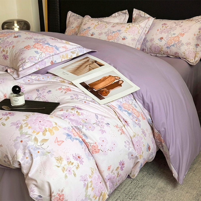 91家纺网 家纺一手货源 找家纺 润锦云 2026春夏新款全棉纯棉13372数码印花四件套 爱恋花环-紫