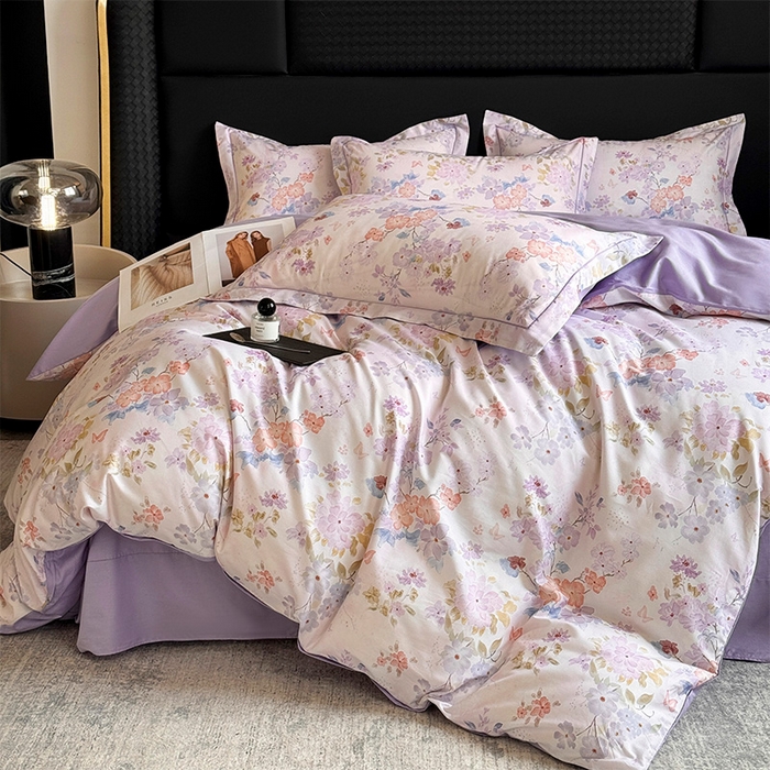 91家纺网 家纺一手货源 找家纺 润锦云 2026春夏新款全棉纯棉13372数码印花四件套 爱恋花环-紫