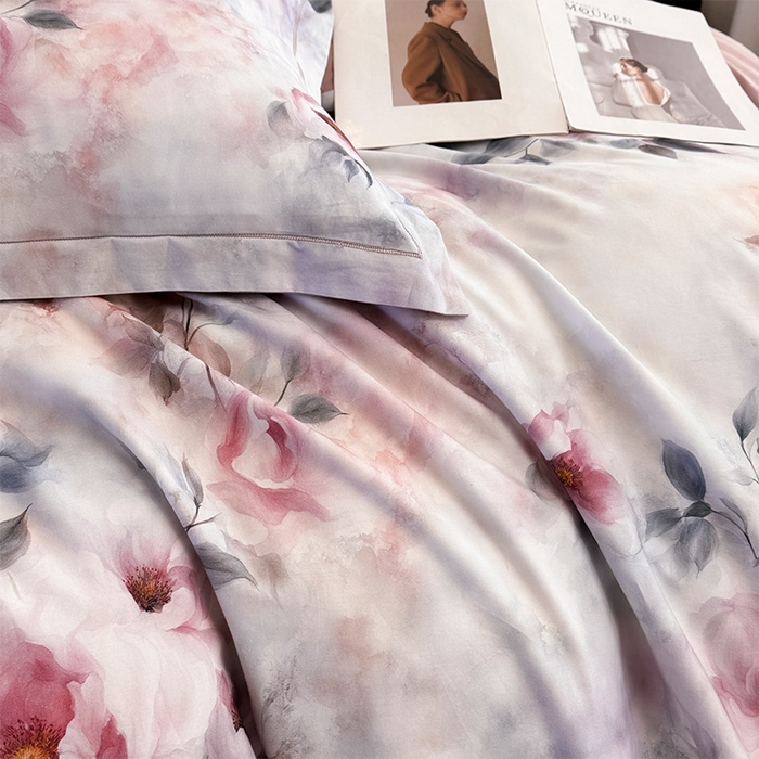 91家纺网 家纺一手货源 找家纺 润锦云 2026春夏新款全棉纯棉13372数码印花四件套 繁花里-粉