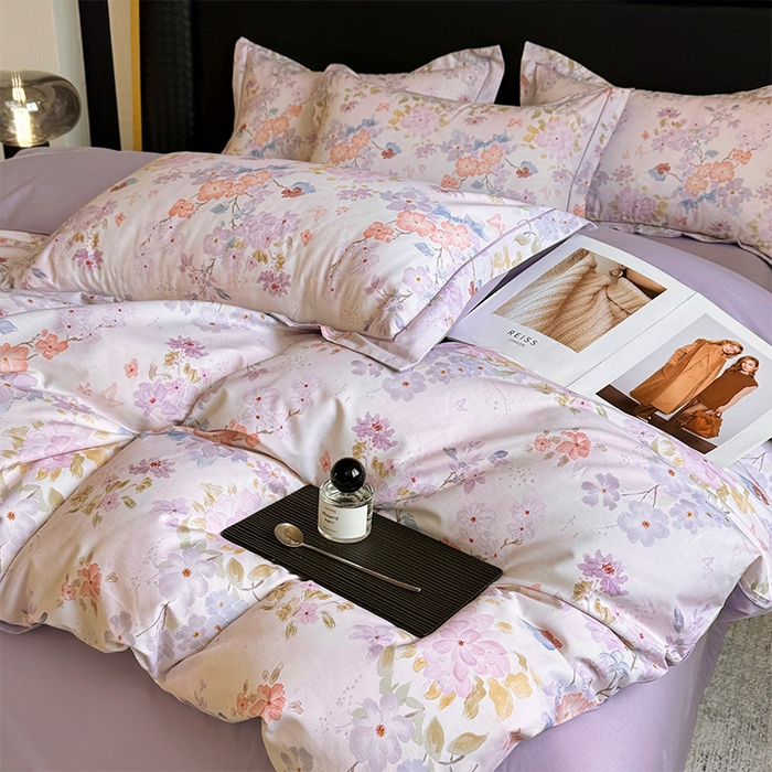 91家纺网 家纺一手货源 找家纺 润锦云 2026春夏新款全棉纯棉13372数码印花四件套 爱恋花环-紫