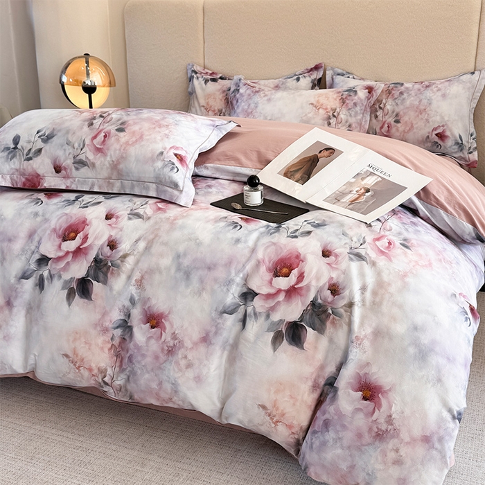 91家纺网 家纺一手货源 找家纺 润锦云 2026春夏新款全棉纯棉13372数码印花四件套 繁花里-粉