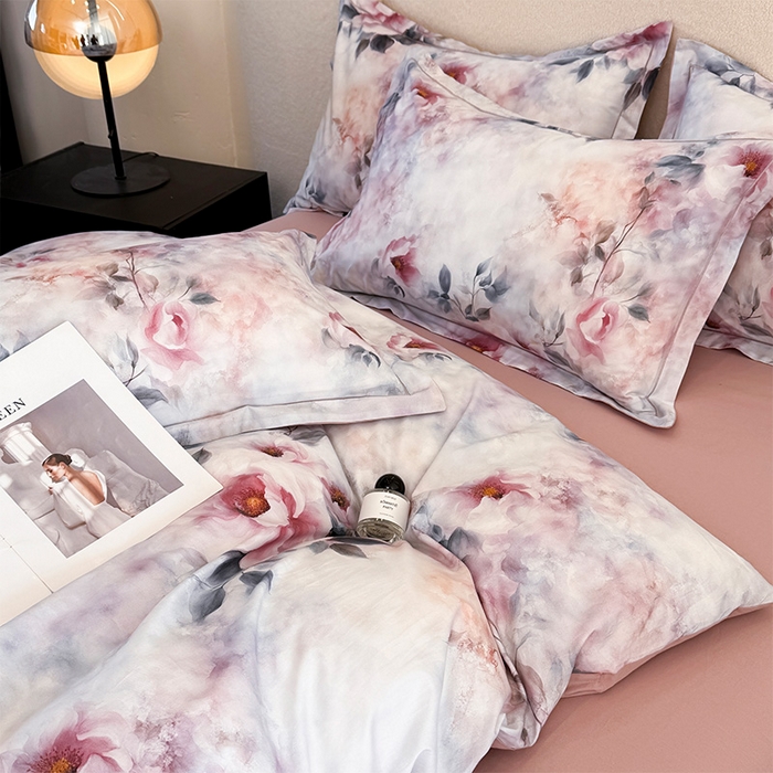 91家纺网 家纺一手货源 找家纺 润锦云 2026春夏新款全棉纯棉13372数码印花四件套 繁花里-粉