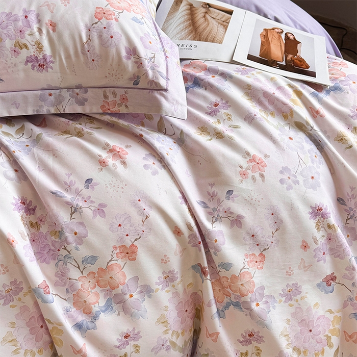 91家纺网 家纺一手货源 找家纺 润锦云 2026春夏新款全棉纯棉13372数码印花四件套 爱恋花环-紫