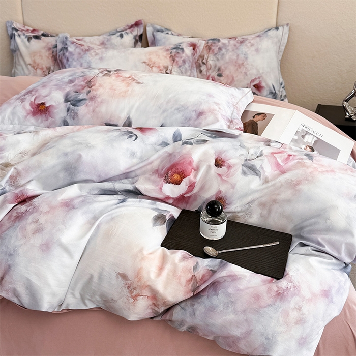 91家纺网 家纺一手货源 找家纺 润锦云 2026春夏新款全棉纯棉13372数码印花四件套 繁花里-粉