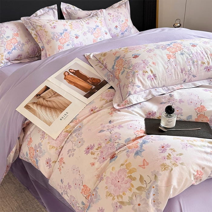 91家纺网 家纺一手货源 找家纺 润锦云 2026春夏新款全棉纯棉13372数码印花四件套 爱恋花环-紫