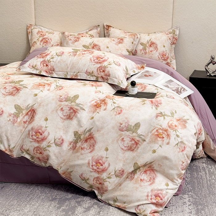 91家纺网 家纺一手货源 找家纺 润锦云 2026春夏新款全棉纯棉13372数码印花四件套 花情共舞-米