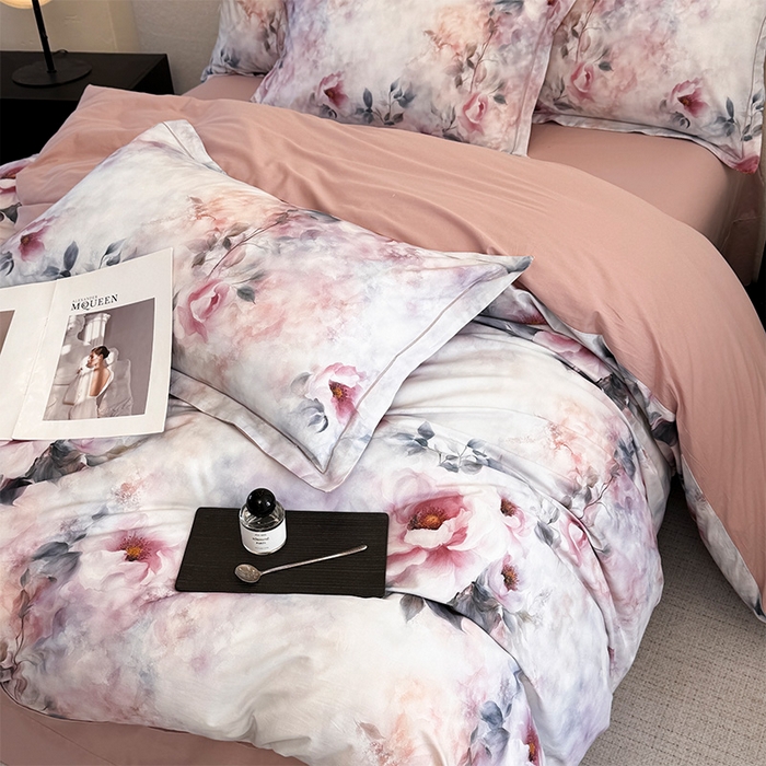 91家纺网 家纺一手货源 找家纺 润锦云 2026春夏新款全棉纯棉13372数码印花四件套 繁花里-粉