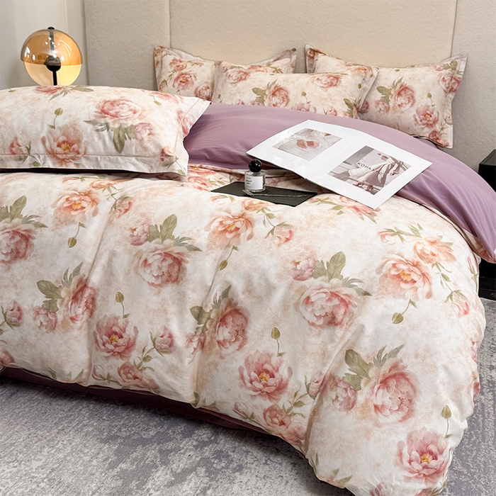 91家纺网 家纺一手货源 找家纺 润锦云 2026春夏新款全棉纯棉13372数码印花四件套 花情共舞-米