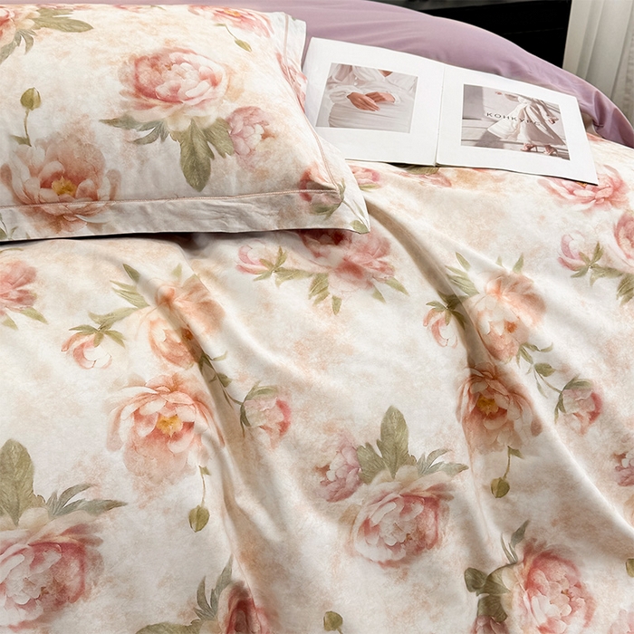 91家纺网 家纺一手货源 找家纺 润锦云 2026春夏新款全棉纯棉13372数码印花四件套 花情共舞-米