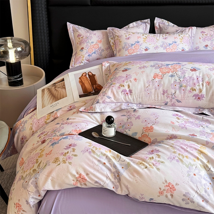 91家纺网 家纺一手货源 找家纺 润锦云 2026春夏新款全棉纯棉13372数码印花四件套 爱恋花环-紫