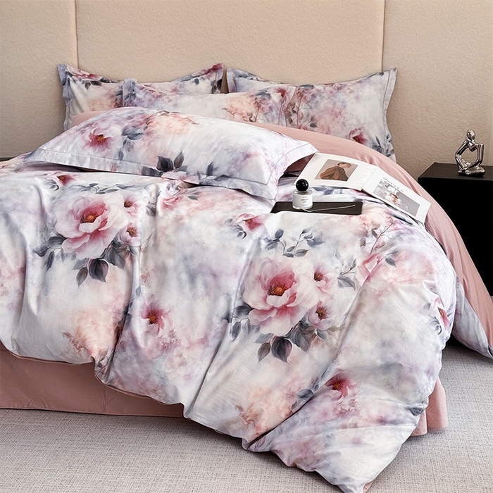 91家纺网 家纺一手货源 找家纺 润锦云 2026春夏新款全棉纯棉13372数码印花四件套 繁花里-粉