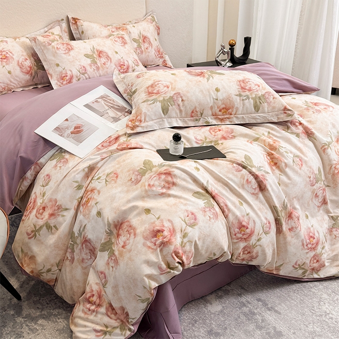 91家纺网 家纺一手货源 找家纺 润锦云 2026春夏新款全棉纯棉13372数码印花四件套 花情共舞-米