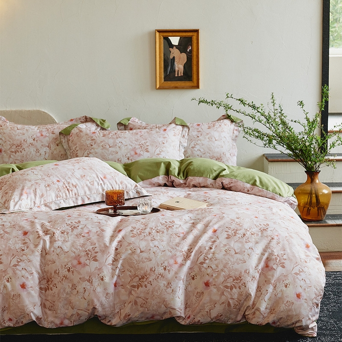 91家纺网 家纺一手货源 找家纺 润锦云 2026春夏新款全棉纯棉13372数码印花四件套 日落花语-灰