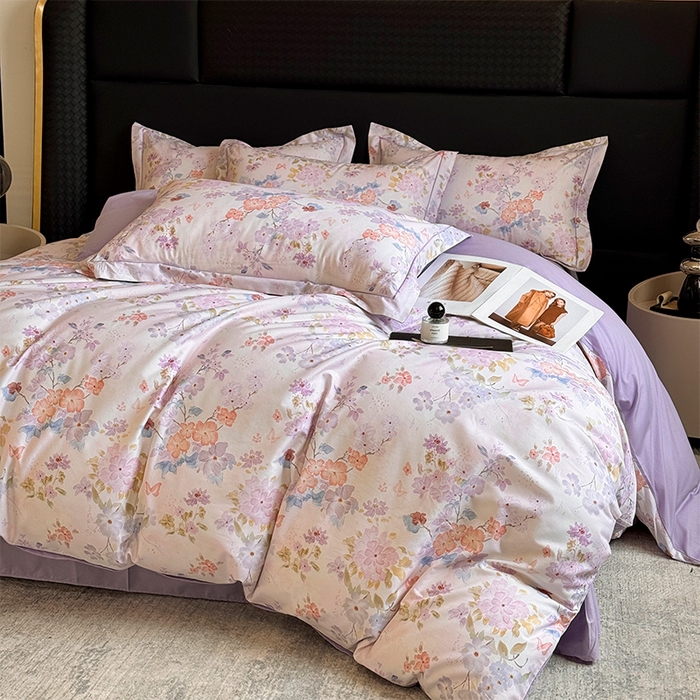 91家纺网 家纺一手货源 找家纺 润锦云 2026春夏新款全棉纯棉13372数码印花四件套 爱恋花环-紫