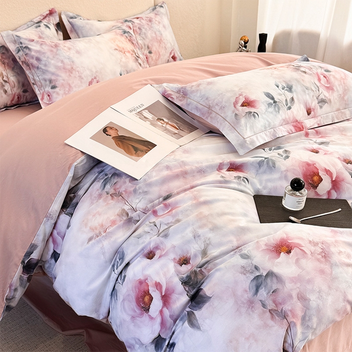 91家纺网 家纺一手货源 找家纺 润锦云 2026春夏新款全棉纯棉13372数码印花四件套 繁花里-粉