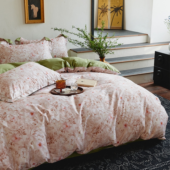 91家纺网 家纺一手货源 找家纺 润锦云 2026春夏新款全棉纯棉13372数码印花四件套 日落花语-灰