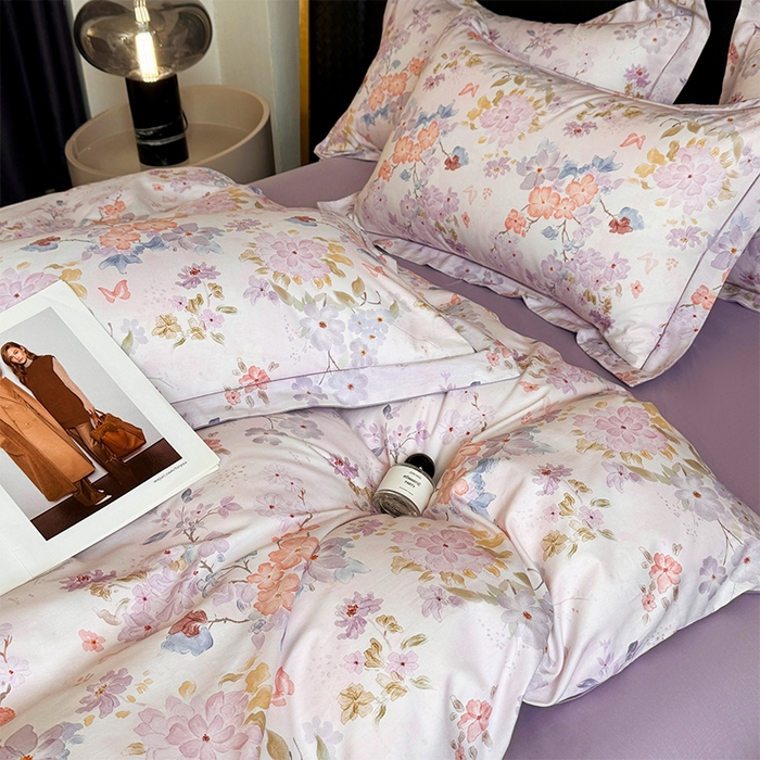 91家纺网 家纺一手货源 找家纺 润锦云 2026春夏新款全棉纯棉13372数码印花四件套 爱恋花环-紫