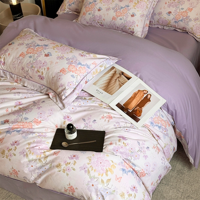 91家纺网 家纺一手货源 找家纺 润锦云 2026春夏新款全棉纯棉13372数码印花四件套 爱恋花环-紫