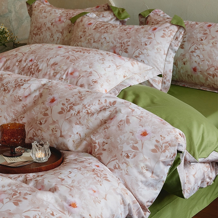 91家纺网 家纺一手货源 找家纺 润锦云 2026春夏新款全棉纯棉13372数码印花四件套 日落花语-灰