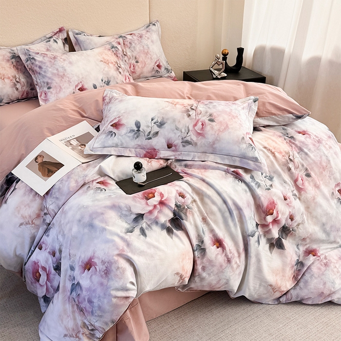 91家纺网 家纺一手货源 找家纺 润锦云 2026春夏新款全棉纯棉13372数码印花四件套 繁花里-粉