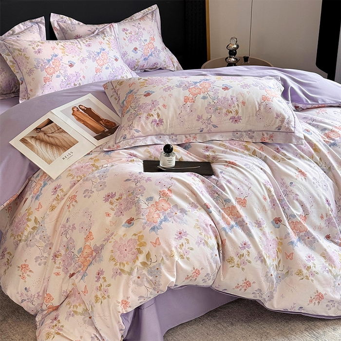 91家纺网 家纺一手货源 找家纺 润锦云 2026春夏新款全棉纯棉13372数码印花四件套 爱恋花环-紫