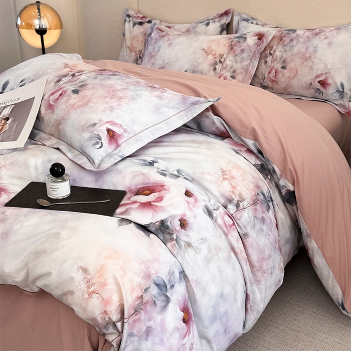 91家纺网 家纺一手货源 找家纺 润锦云 2026春夏新款全棉纯棉13372数码印花四件套 繁花里-粉