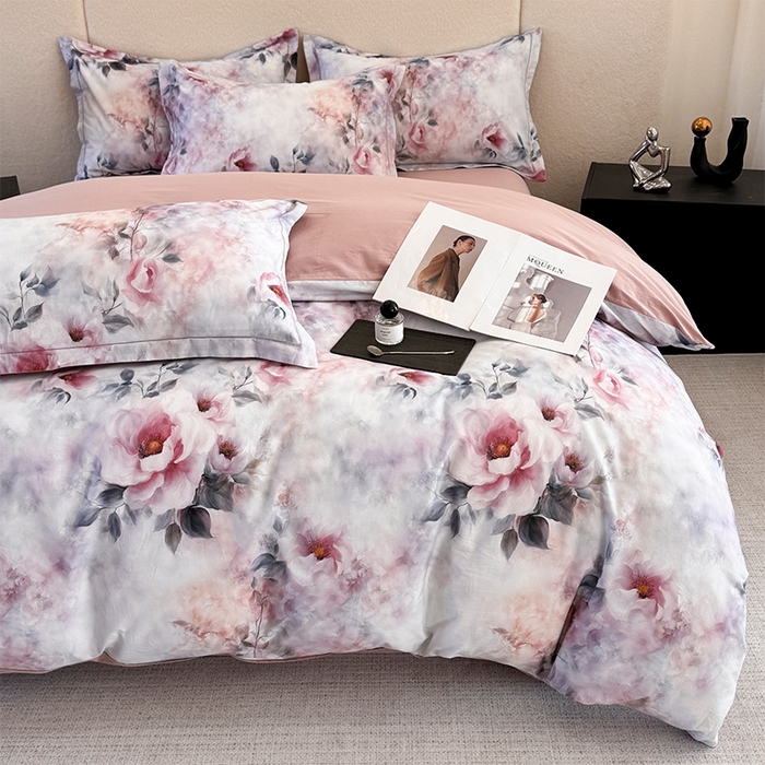 91家纺网 家纺一手货源 找家纺 润锦云 2026春夏新款全棉纯棉13372数码印花四件套 繁花里-粉