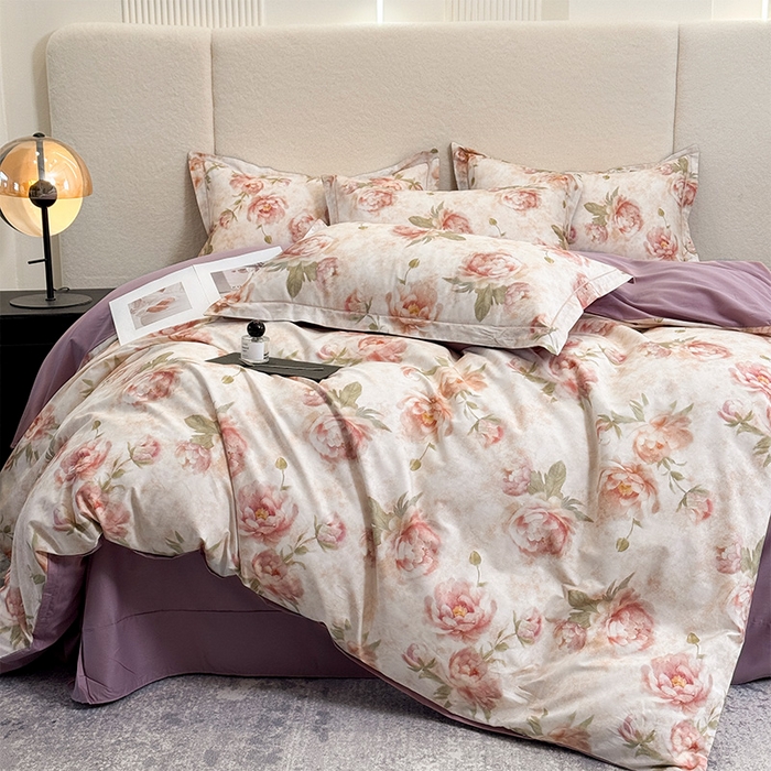 91家纺网 家纺一手货源 找家纺 润锦云 2026春夏新款全棉纯棉13372数码印花四件套 花情共舞-米