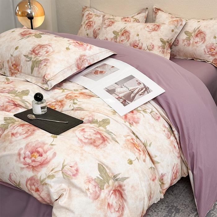 91家纺网 家纺一手货源 找家纺 润锦云 2026春夏新款全棉纯棉13372数码印花四件套 花情共舞-米