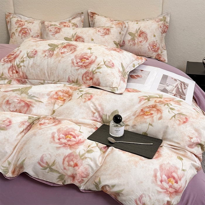 91家纺网 家纺一手货源 找家纺 润锦云 2026春夏新款全棉纯棉13372数码印花四件套 花情共舞-米