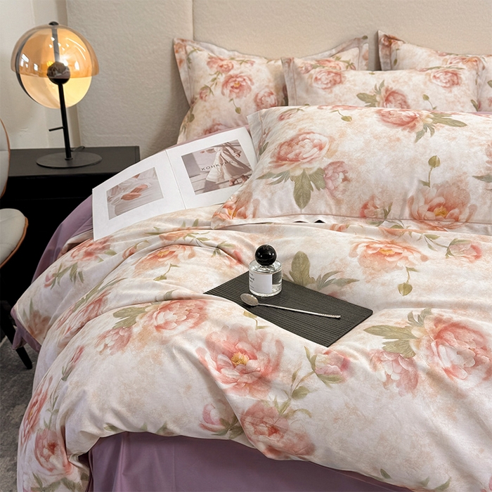 91家纺网 家纺一手货源 找家纺 润锦云 2026春夏新款全棉纯棉13372数码印花四件套 花情共舞-米