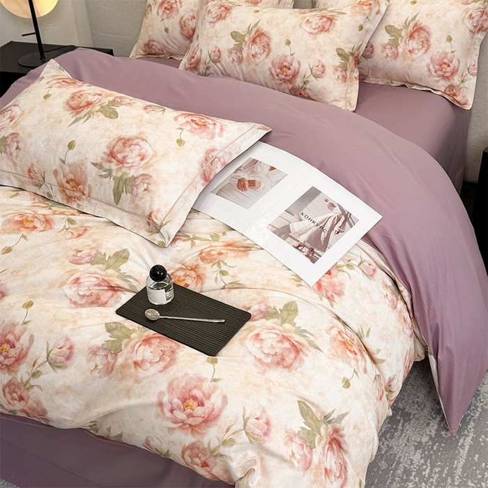 91家纺网 家纺一手货源 找家纺 润锦云 2026春夏新款全棉纯棉13372数码印花四件套 花情共舞-米