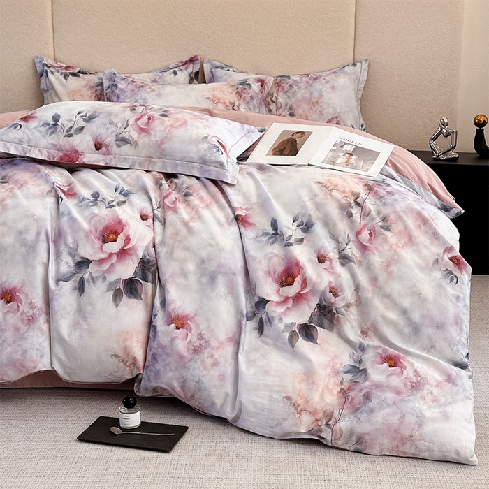 91家纺网 家纺一手货源 找家纺 润锦云 2026春夏新款全棉纯棉13372数码印花四件套 繁花里-粉