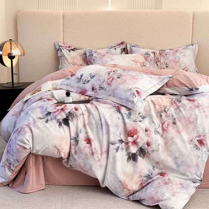 91家纺网 家纺一手货源 找家纺 润锦云 2026春夏新款全棉纯棉13372数码印花四件套 繁花里-粉