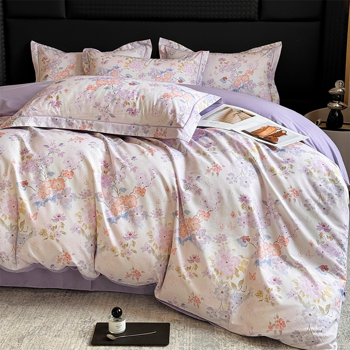 91家纺网 家纺一手货源 找家纺 润锦云 2026春夏新款全棉纯棉13372数码印花四件套 爱恋花环-紫