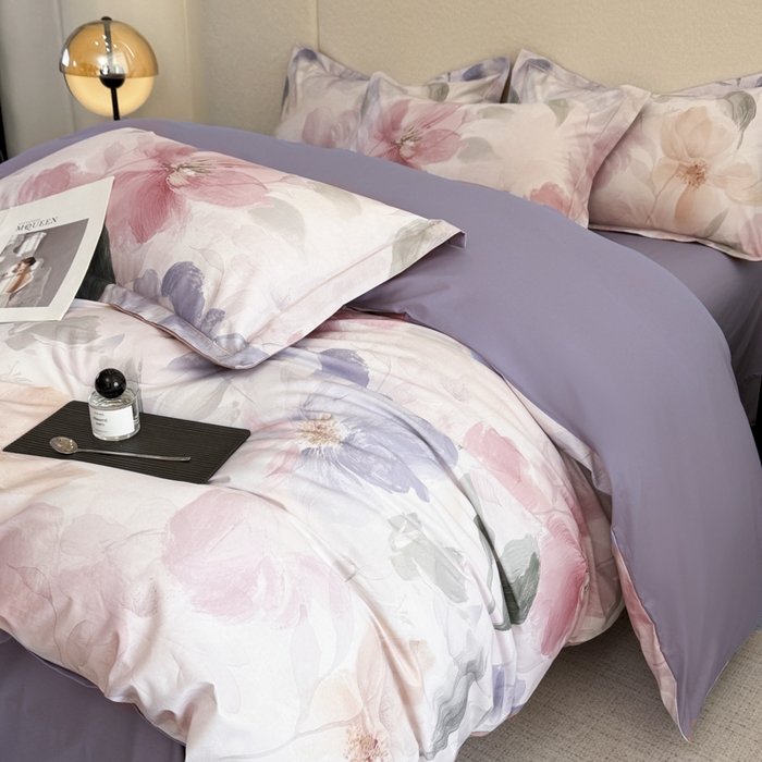 91家纺网 家纺一手货源 找家纺 润锦云 2026春夏新款全棉纯棉13372数码印花四件套 美尼尔-粉