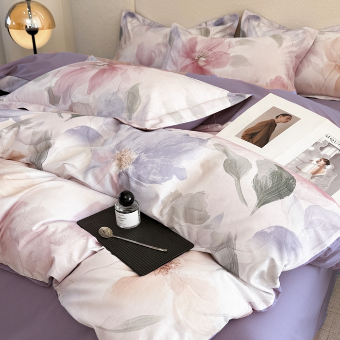 91家纺网 家纺一手货源 找家纺 润锦云 2026春夏新款全棉纯棉13372数码印花四件套 美尼尔-粉