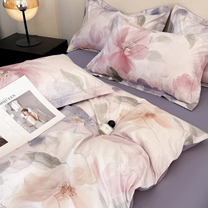 91家纺网 家纺一手货源 找家纺 润锦云 2026春夏新款全棉纯棉13372数码印花四件套 美尼尔-粉