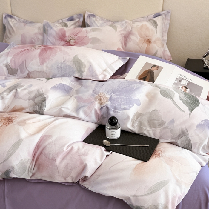 91家纺网 家纺一手货源 找家纺 润锦云 2026春夏新款全棉纯棉13372数码印花四件套 美尼尔-粉