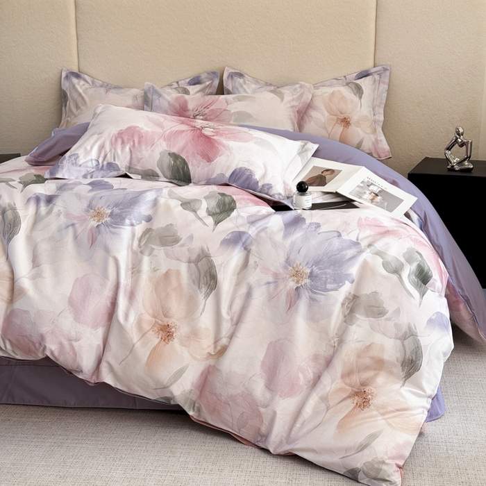 91家纺网 家纺一手货源 找家纺 润锦云 2026春夏新款全棉纯棉13372数码印花四件套 美尼尔-粉