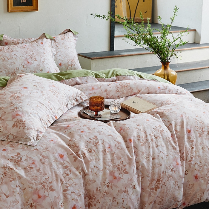 91家纺网 家纺一手货源 找家纺 润锦云 2026春夏新款全棉纯棉13372数码印花四件套 日落花语-灰