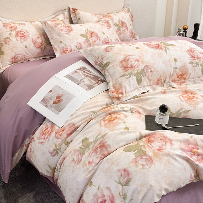 91家纺网 家纺一手货源 找家纺 润锦云 2026春夏新款全棉纯棉13372数码印花四件套 花情共舞-米