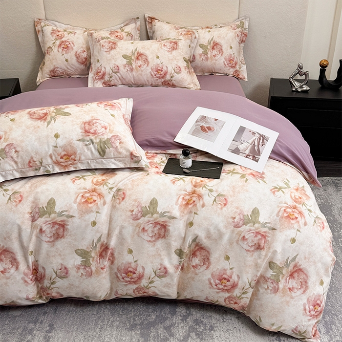 91家纺网 家纺一手货源 找家纺 润锦云 2026春夏新款全棉纯棉13372数码印花四件套 花情共舞-米