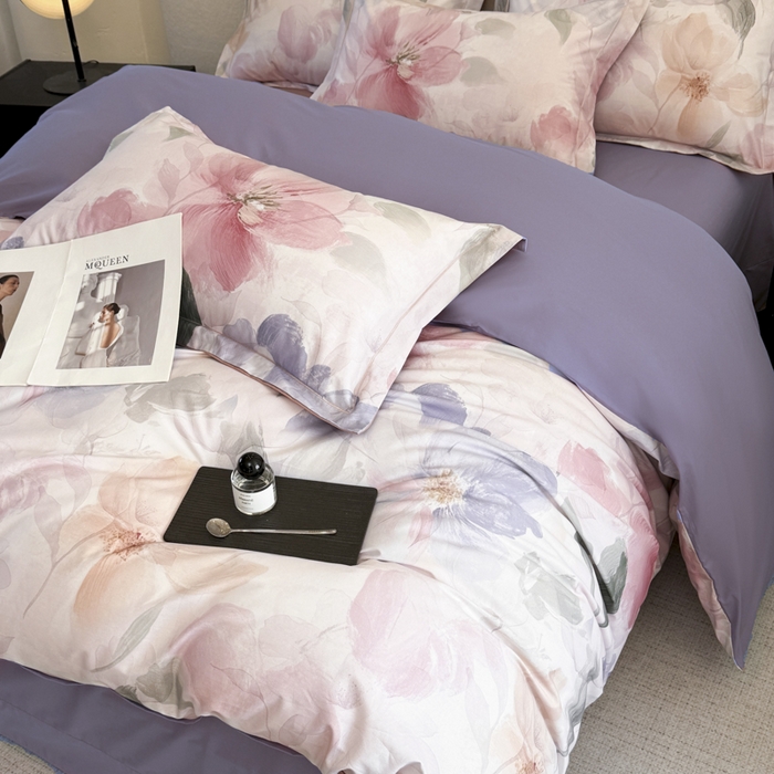 91家纺网 家纺一手货源 找家纺 润锦云 2026春夏新款全棉纯棉13372数码印花四件套 美尼尔-粉